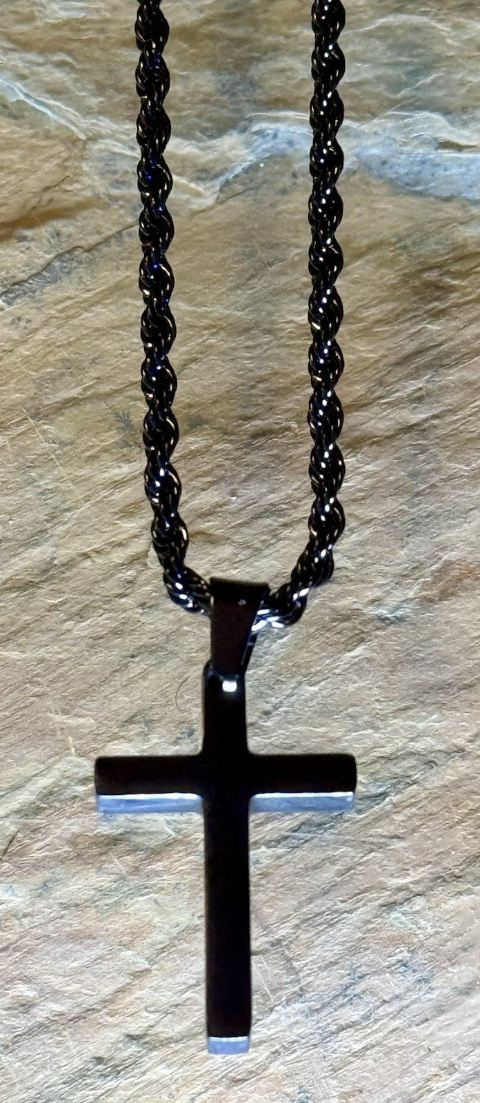 Black Stainless Steel Cross Pendant and Rope Necklace 