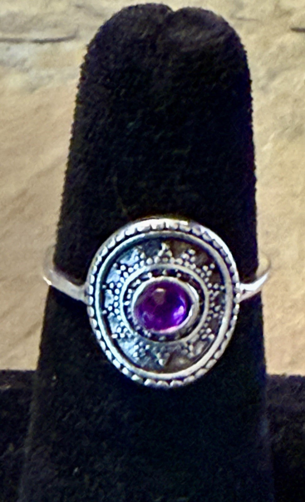 Vintage Sterling Silver Amethyst Ring Oval Purple Gem Bolo Filigree- Size 7.75
