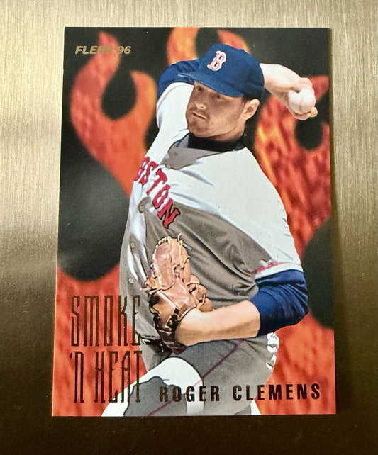 1996 Fleer "Smoke 'n Heat" baseball card featuring Roger Clemens