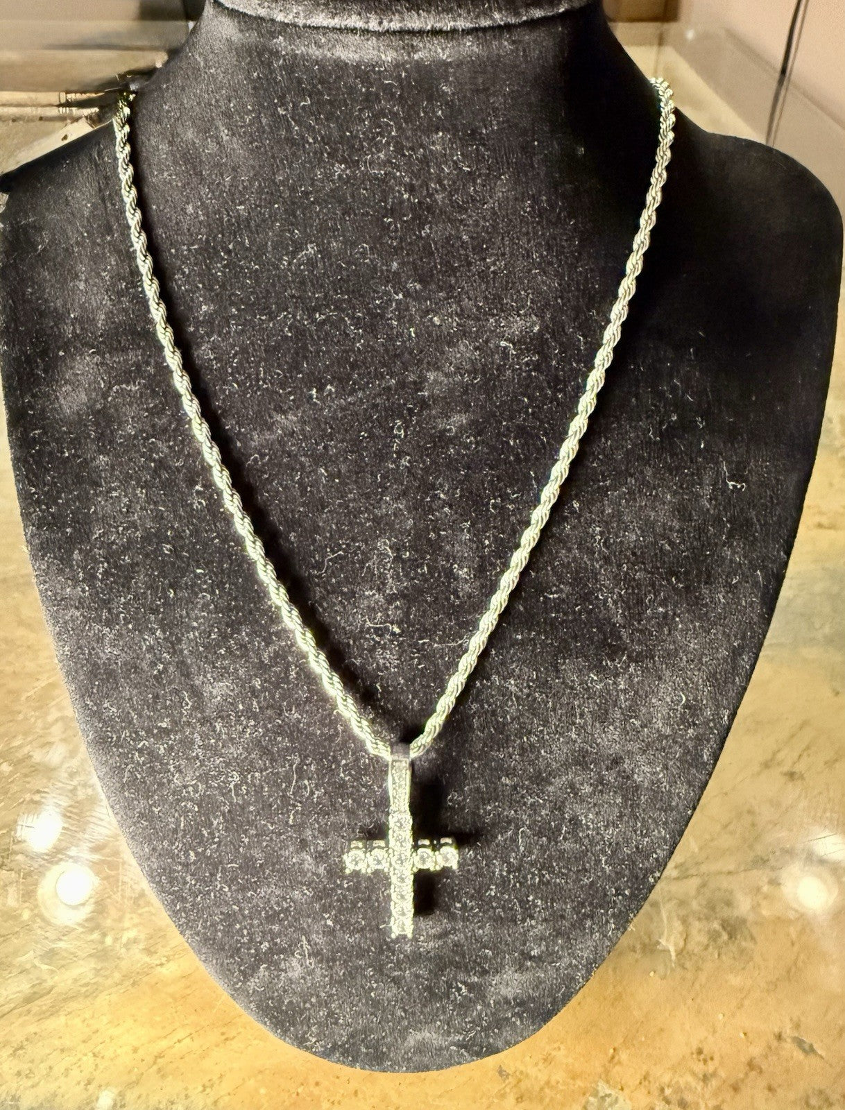Stainless Steel Rope Chain with CZ Cross Pendant 