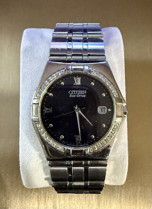 Citizen Eco-Drive Watch with a black dial and stainless steel band