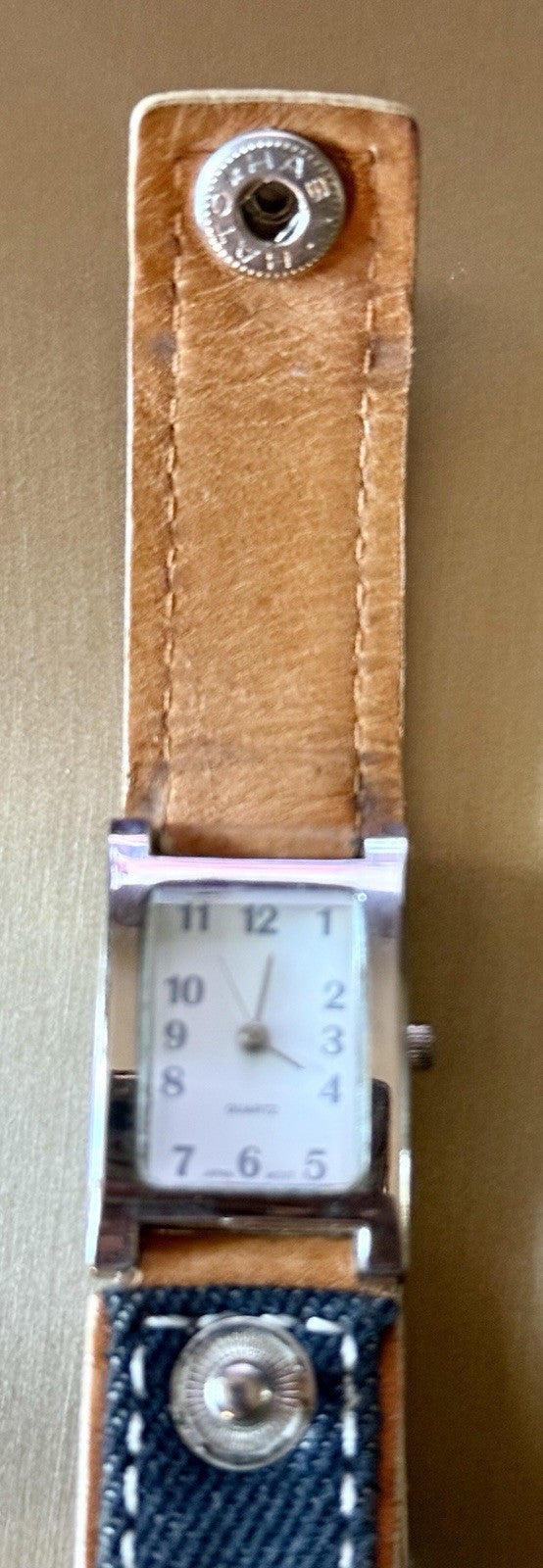 Women’s Quartz Watch with Brown Leather Cuff and Denim Inlay