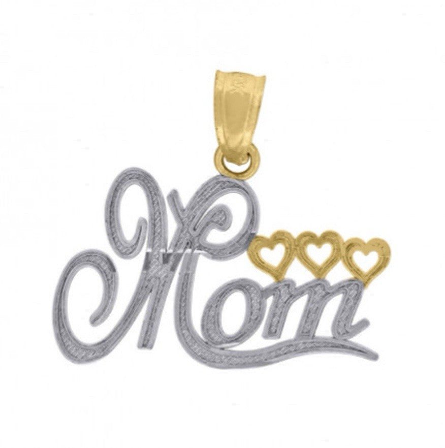 10k Two-Tone Gold Textured Mom Heart Charm Pendant for Women 0.7gm
