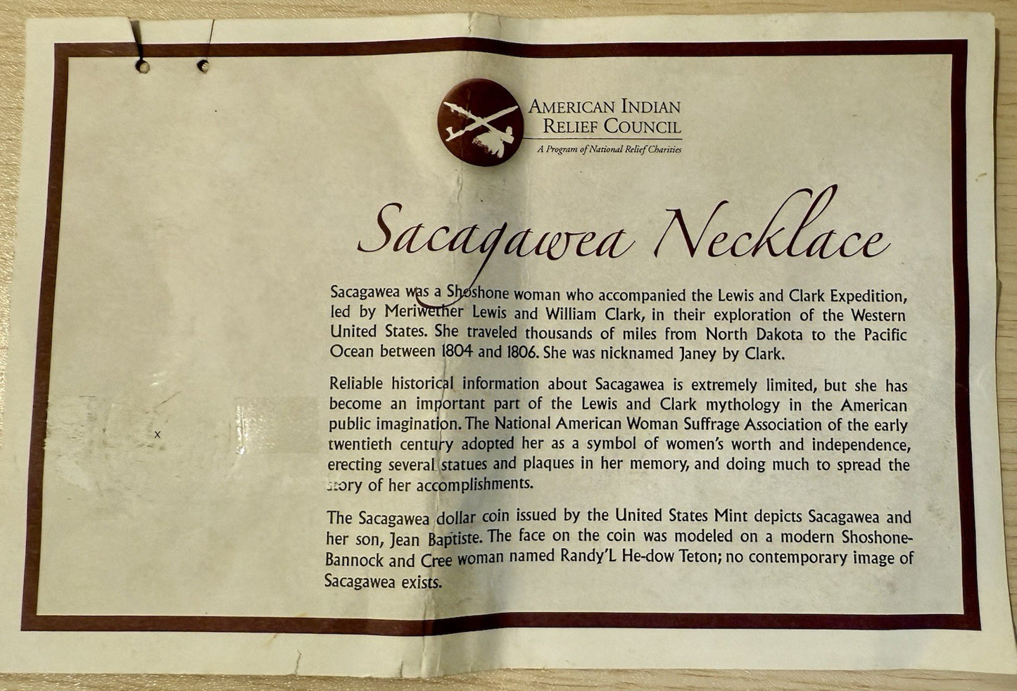 American Indian Relief Council Sacagawea Coin Pendant & Sterling Silver Necklace