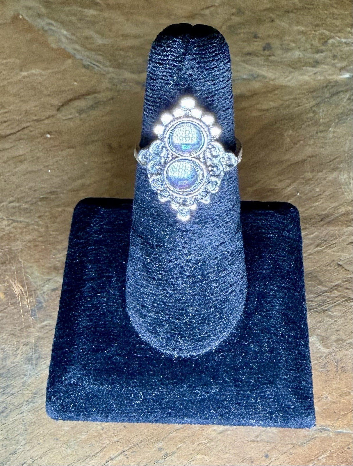 Vintage Sterling Silver Moonstone Ring Double Bubble Boho Filigree Oval
