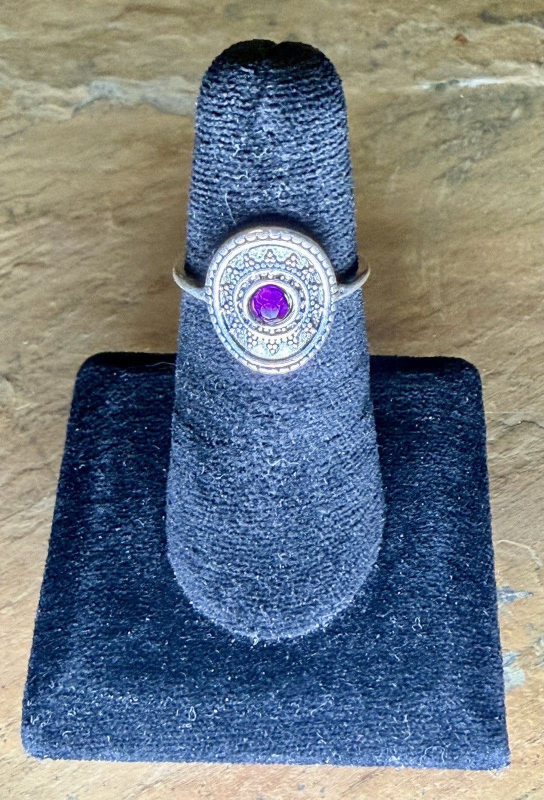 Vintage Sterling Silver Amethyst Ring Oval Purple Gem Bolo Filigree- Size 7.75