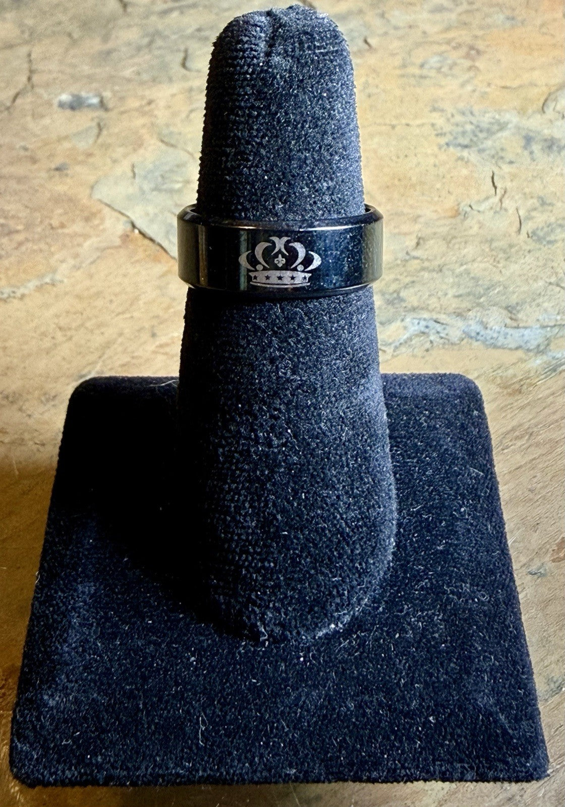 Men’s Black Stainless Steel Laser Engraved Crown Wedding Band - Size 9