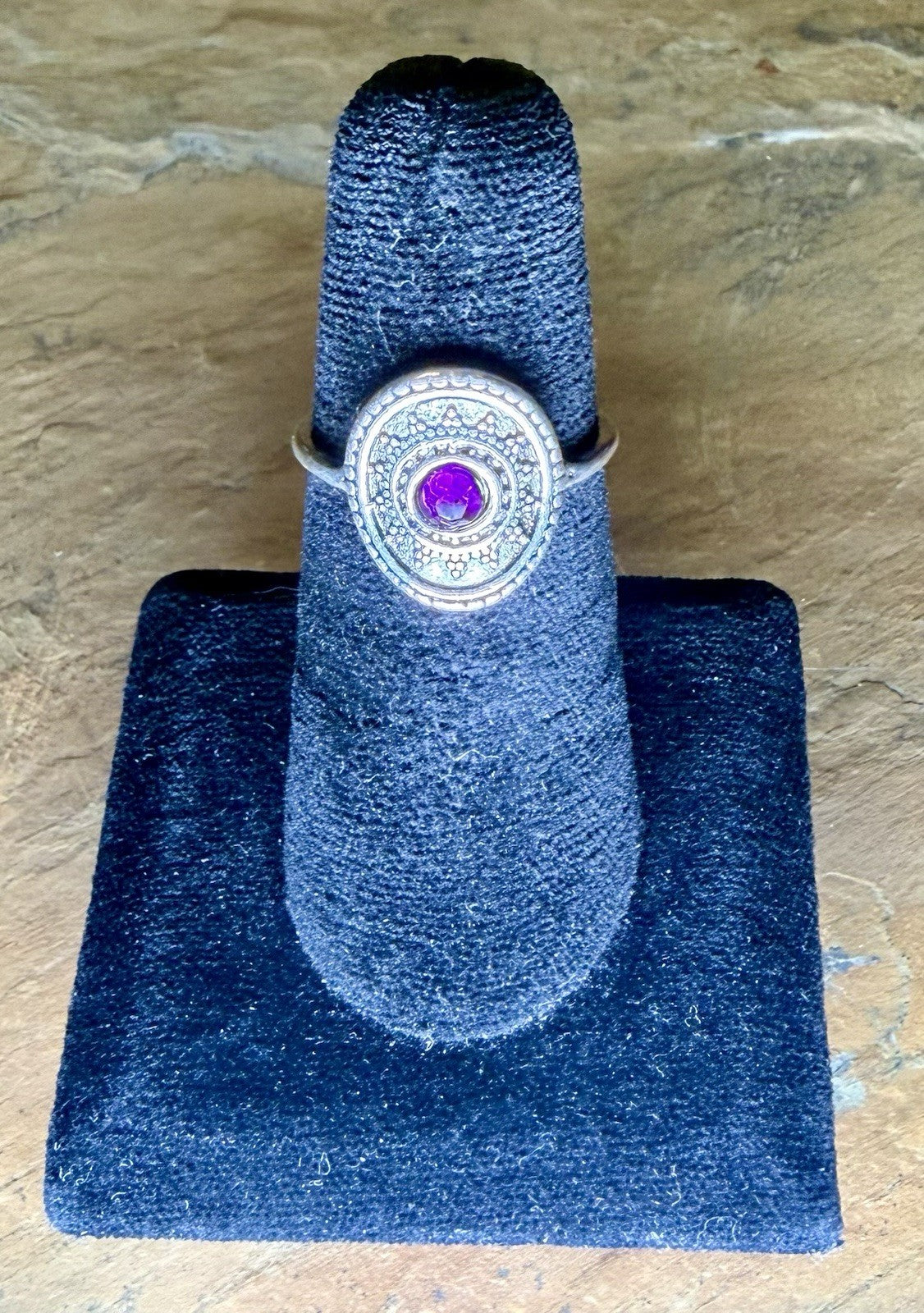 Vintage Sterling Silver Amethyst Ring Oval Purple Gem Bolo Filigree- Size 7.75