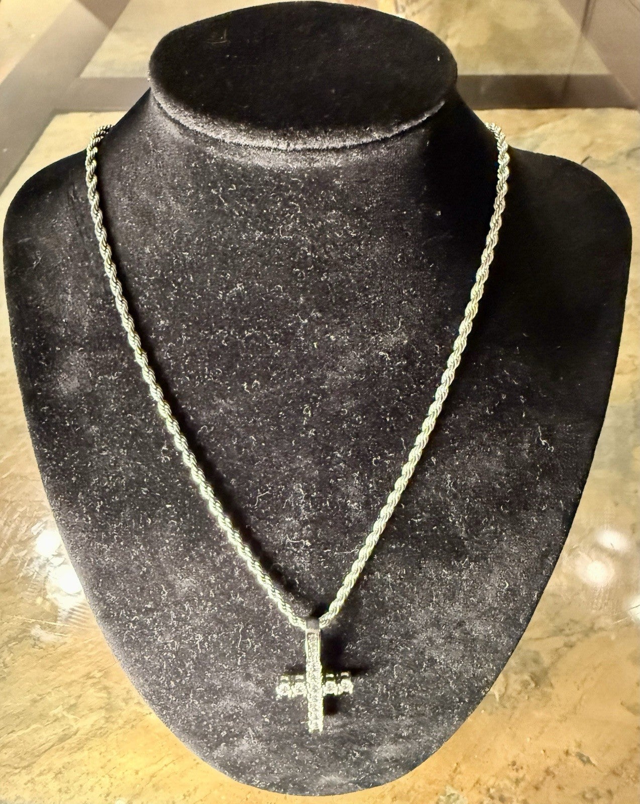 Stainless Steel Rope Chain with CZ Cross Pendant 