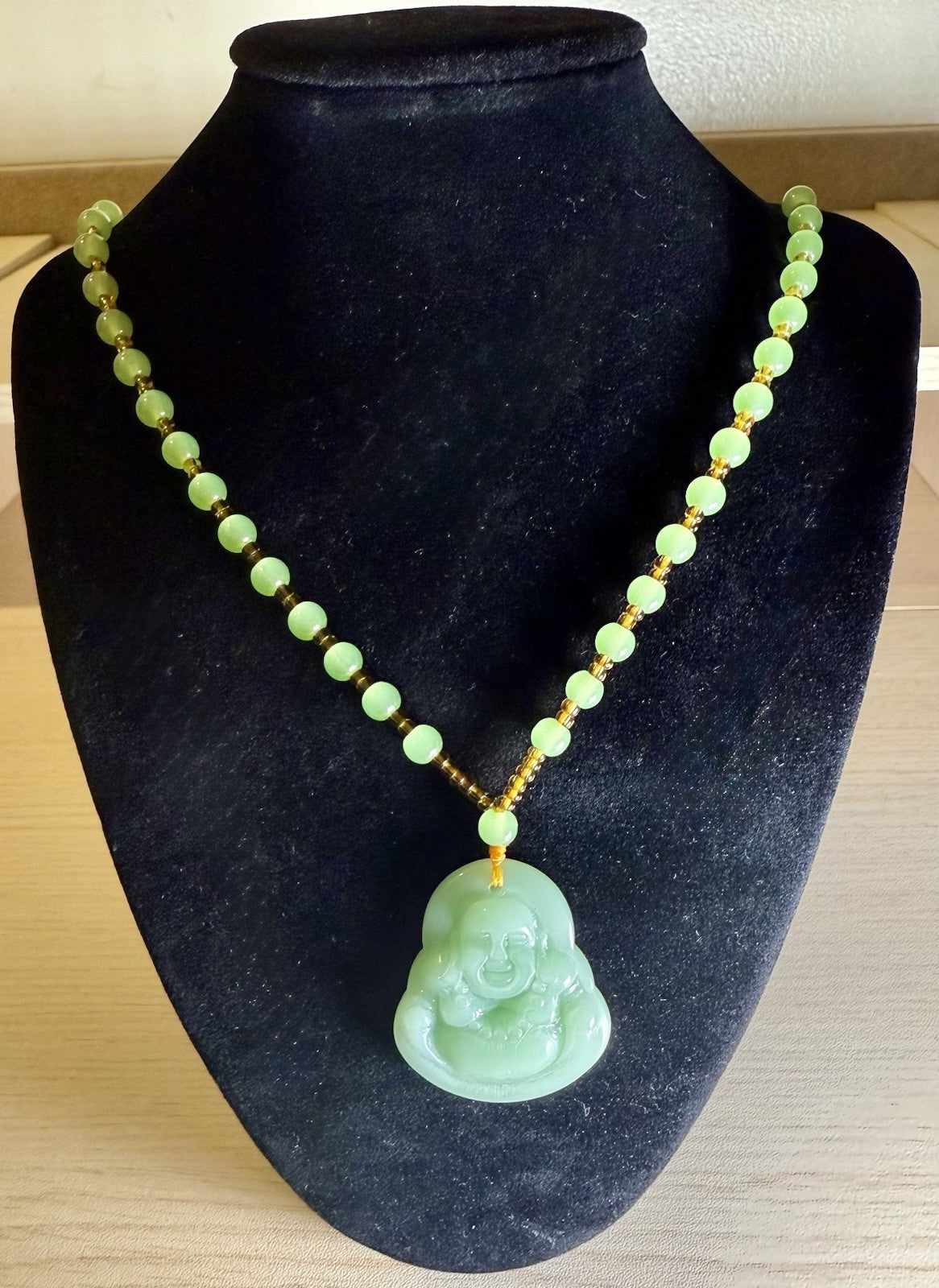 jade Laughing Buddha Pendant Necklace with Beaded Accents