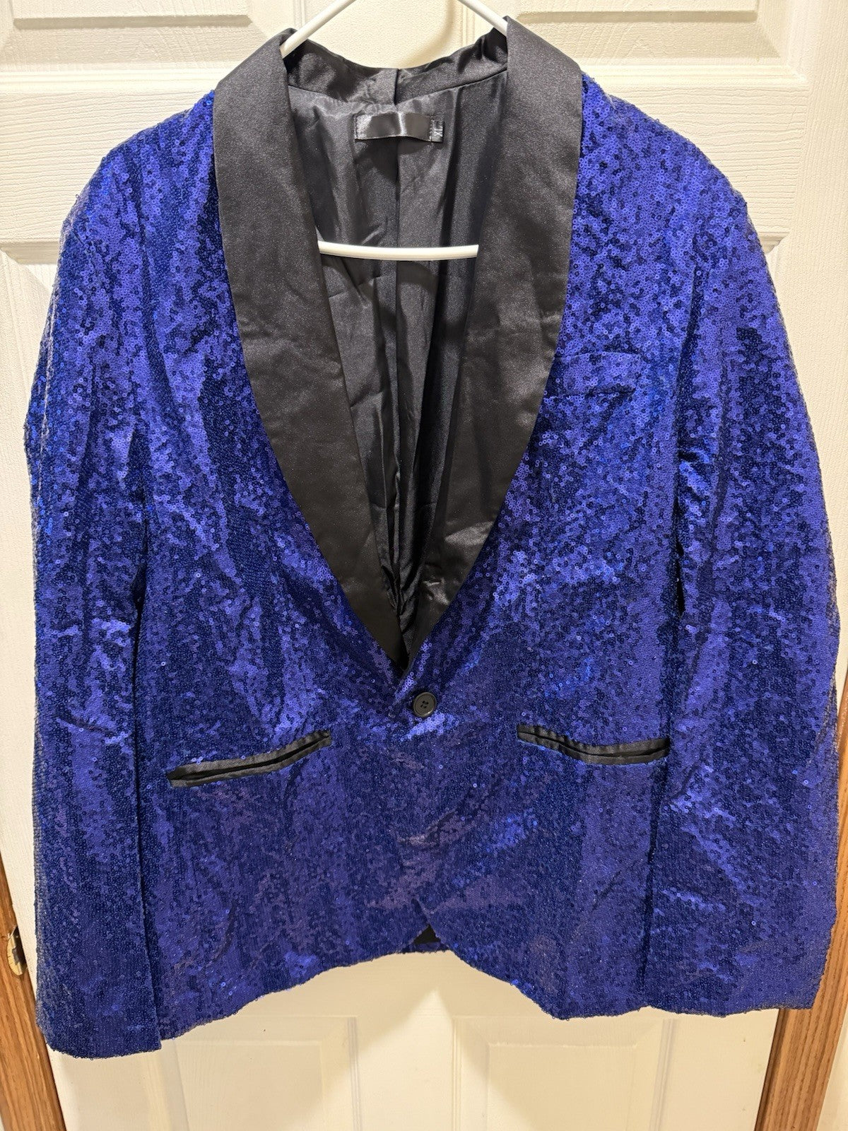 men's royal blue sequin blazer with a black satin shawl lapel-XL