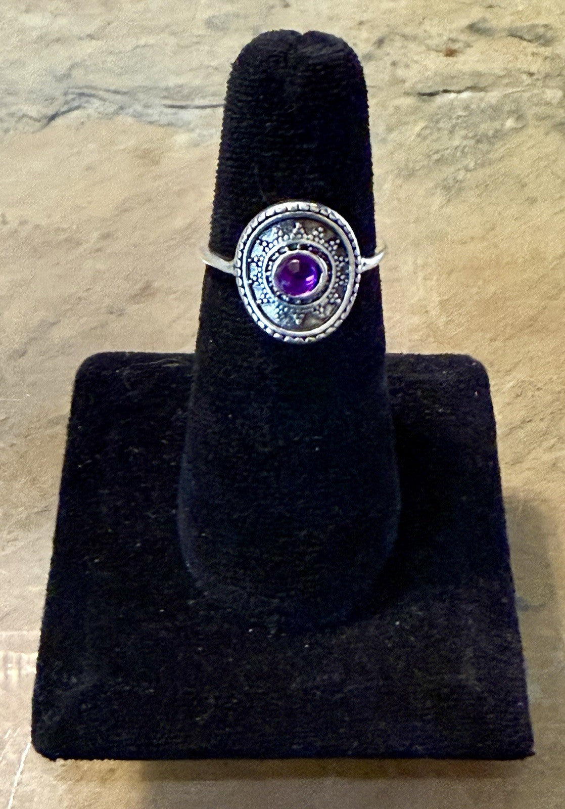 Vintage Sterling Silver Amethyst Ring Oval Purple Gem Bolo Filigree- Size 7.75