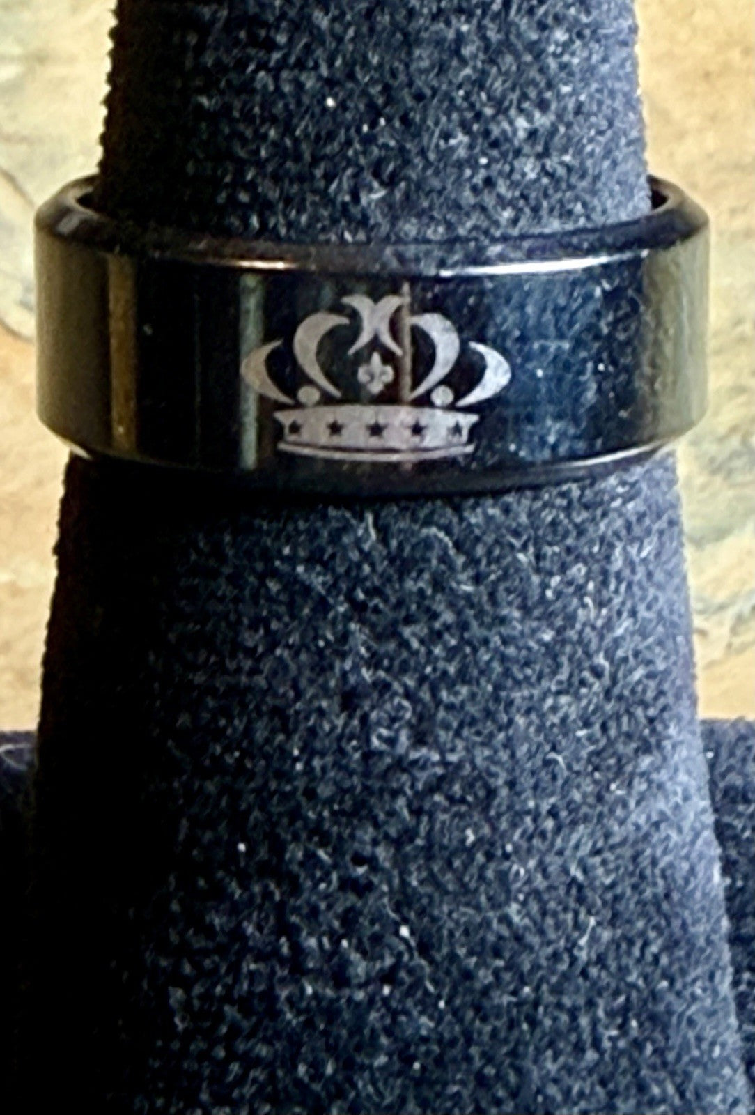 Men’s Black Stainless Steel Laser Engraved Crown Wedding Band - Size 9