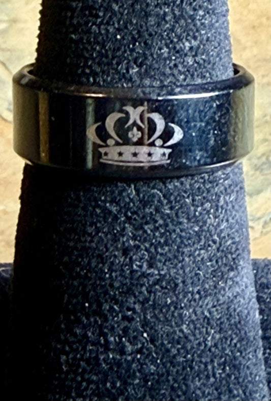Men’s Black Stainless Steel Laser Engraved Crown Wedding Band - Size 9