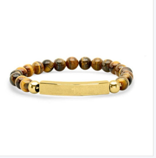 Stainless Steel Yellow-tone Unisex Brown Beads Religious ID Stretchable Bracelet