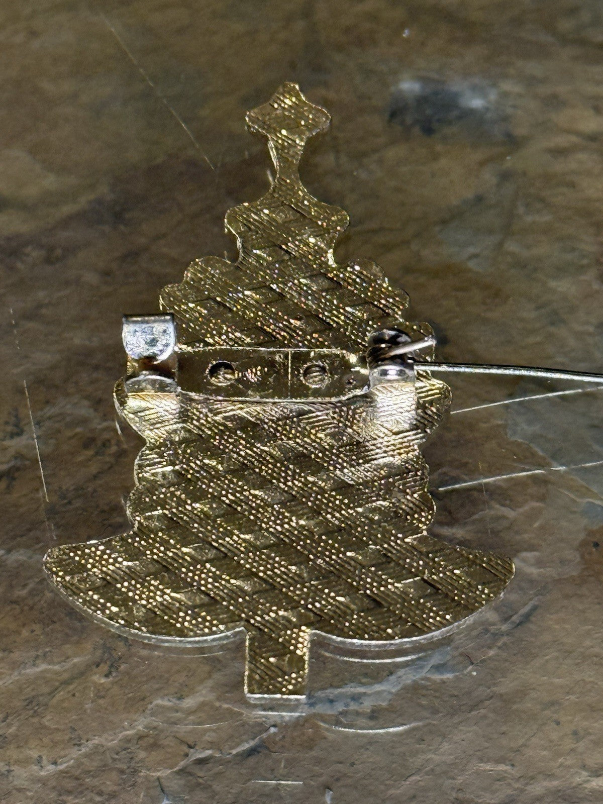 Vintage Enamel Christmas Tree Pin with Gold Tone Cross
